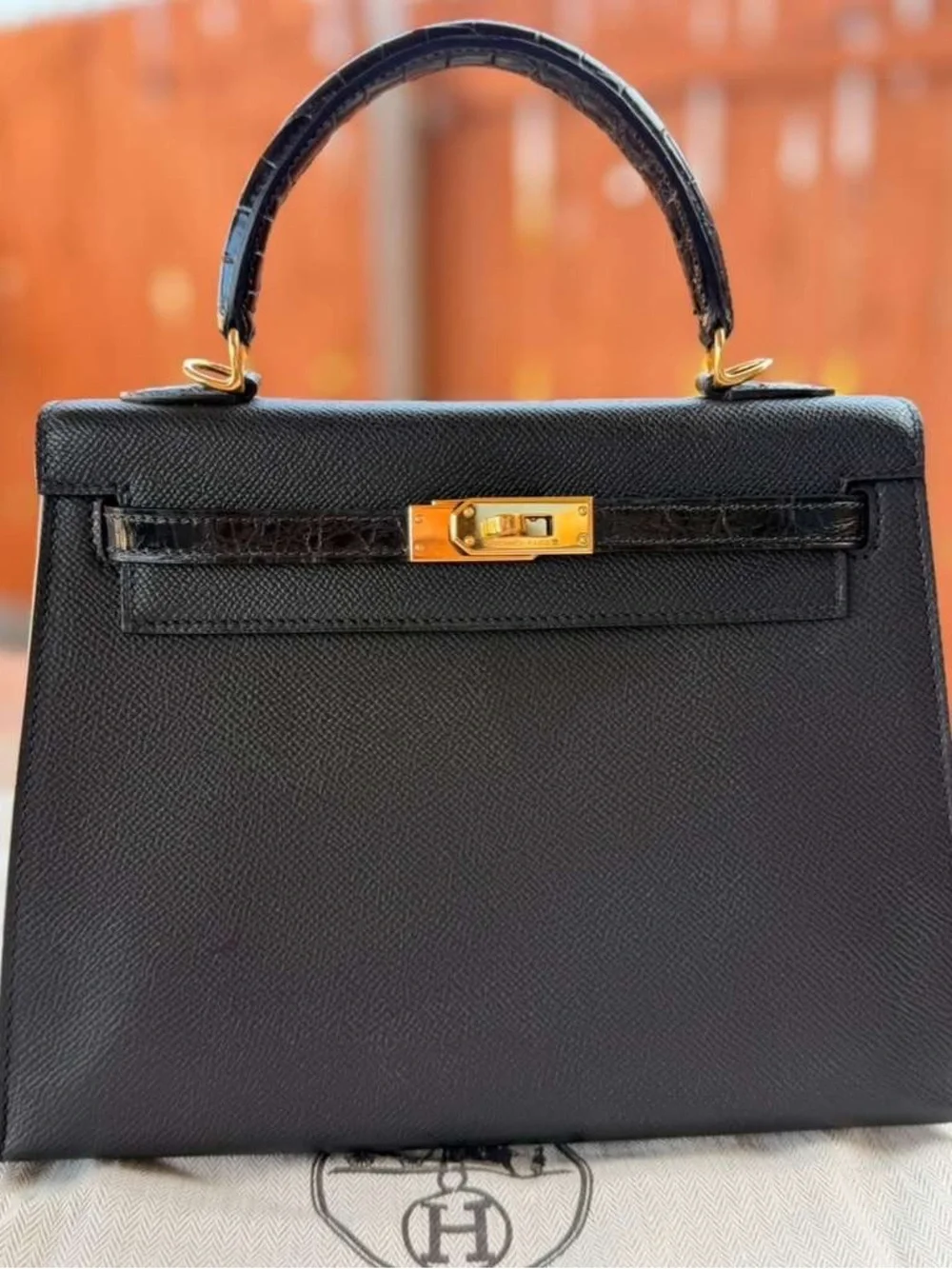Kelly 25 Sellier GHW Black Epsom Leather Shiny genuine Niloticus Crocodile Touch - Picture 5 of 7